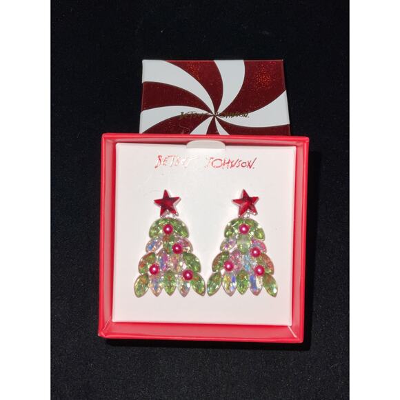 BETSEY JOHNSON NEW Christmas Tree Drop Dangle Earrings Colorful Crystals Holiday - Picture 1 of 5